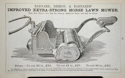 Improved Extra-Strong Horse Lawn Mower, illustration from a gardening catalogue, published by Barnard Bishop & Barnard