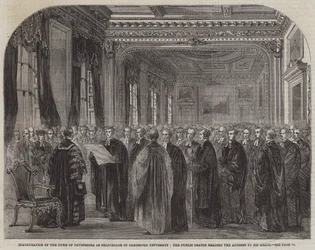 Inauguration of the Duke of Devonshire as Chancellor of Cambridge University, the Public Orator reading the Address to His Grace