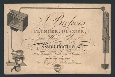 J Bickers, plumber, glazier and water closet manufacturer, 62 Chandos Street, Covent Garden, trade card