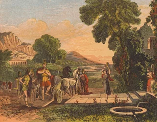 Jephthah greeted by his daughter after defeating the Ammonites