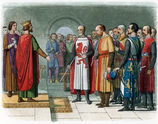 King Henry III of England facing the Baron Commission led by Simon V of Montfort, illustration from 
