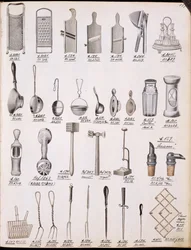 Kitchen utensils, from a trade catalogue of domestic goods and fittings, c.1890-1910