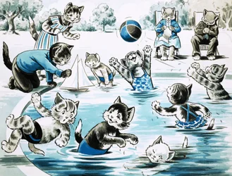 Kittens playing in a pond