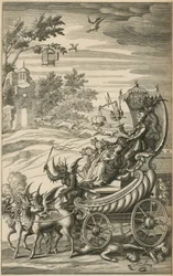 Knight protecting queen and children riding over liberty