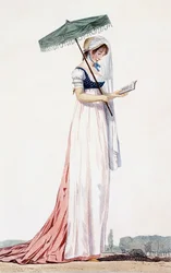 Ladies elegant summer dress with parasol, by Delacourt, 1770