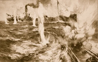 London Collier Wandle Successfully Engaging A German Submarine in the North Sea on April 29th, 1916