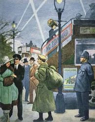London street scene in WWI, soldier on leave, c.1914-18