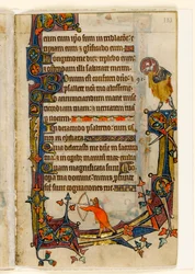 An Archer and St. John the Baptist, Marginal Decoration from the Macclesfield Psalter, Use of Sarum, East Anglia (c.1330)