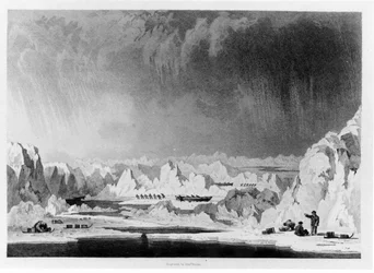 Man-handling the boats through ice hummocks, illustration from Narrative of an Attempt to Reach the North Pole by William Parry, engraved by Edward Finden published 1828