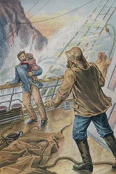 Man carrying a child and holding onto the rail of a ship in a storm