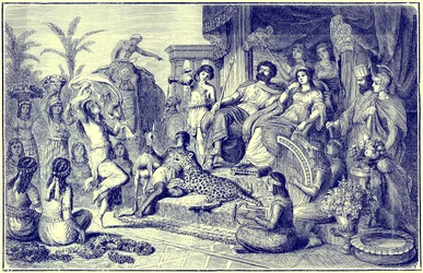 Manners and Customs of Later Greece - A Festive Household (illustration from The Illustrated History of the World, published c.1880)