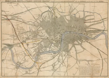 Map of London showing the Birmingham, Bristol, Thames Junction railway, 1839