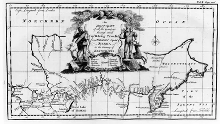 Map of the route taken by Vitus Bering across Siberia to Kamchatka, from Navigantium atque Itinerantium Bibliotheca published 1744
