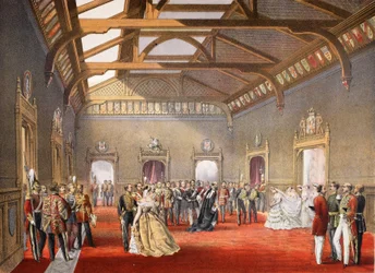 Marshalling the procession of the Bride in the central hall of the temporary apartments, from A Memorial of the Marriage of Edward VII and Alexandra of Denmark