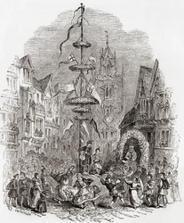 Maypole dancing in front of St Andrew Undershaft Church, London, England in the 19th century, from Old England: A Pictorial Museum