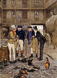Members of the Pickwick club meet Sam Weller. Illustration of the works of Charles Dickens (1812-1870)