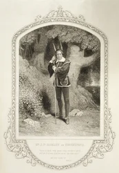 Mr. J.P. Harley as Touchstone, Act V Scene 1, in As You Like It by William Shakespeare, engraved by George Hollis from a Daguerreotype by J.P. Mayall