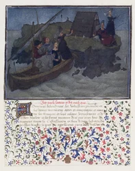 Heart, Desire and Generosity land in the night with Fiance and Expectation on the rock of the Company and Friendship, facsimile edition of Livre du Coeur d