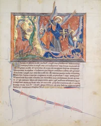 The Woman Hidden in the Desert Whilst Archangel Michael Fights the Dragon in Heaven, from the Gulbenkian Apocalypse, c.1265-70