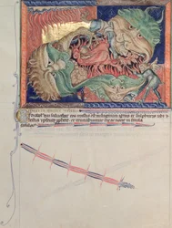 The Jaws of Hell Swallowing the Red Dragon, the Beast of the Sea and the Beast of the Earth, from the Gulbenkian Apocalypse, c.1265-70