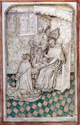 Thomas Bekynton, Bishop of Bath and Wells, receives Chaundler, from the Abingdon Missal, 1457-61
