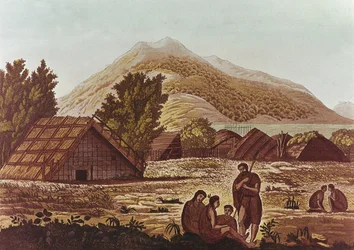 Natives, with Huts and Mountains Behind, Engraved by F. Fumagalli