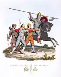 Norman Knight and Archers, 1066, from Ancient Armour by Samuel Rush Meyrick, 1824