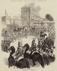 Opening of Parliament, Her Majesty Leaving Buckingham Palace (engraving)