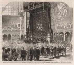 Opening of the International Exhibition; Earl Granville presenting the address to the Duke of Cambridge