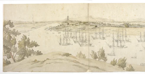 Panorama (left half) of Whampoa from Dane Island, with British and American shipping in the anchorage