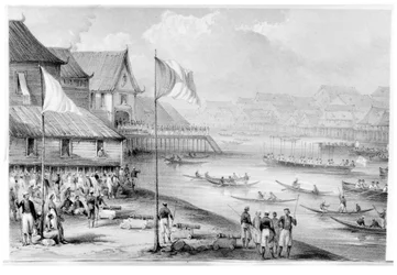 Pax Britannica arrives at a Borneo village, frontispiece to Volume 2 Narrative of Events in Borneo and Celebes, Down to the Occupation of Labuan by Rodney Mundy, 1848