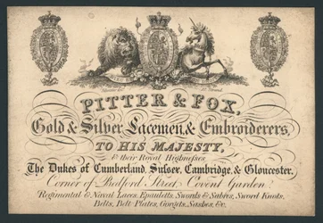 Pitter and Fox, Gold and Silver Laceman and Embroiderers, Bedford Street, Covent Garden, trade card