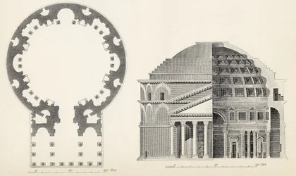 Plan and elevation of the Pantheon in Rome, from The National Encyclopaedia, published by William Mackenzie, London, late 19th century