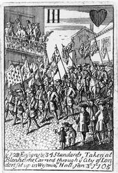 Playing card depicting the Ensigns and Standards Taken at Blenheim, being carried through the City of London, 3rd January 1705