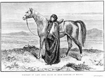 Portrait of Lady Anne Blunt in Arab costume with an Arab horse, frontispiece to her book A Pilgrimage to Nejd, published 1881