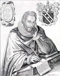 Portrait of Sir Thomas Overbury writing out his epitaph, engraved by Renold Elstrack