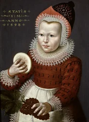 Portrait of a Young Girl Holding Bread and Grapes