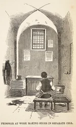Prisoner at work making shoes in separate cell, illustration from The Criminal Prisons of London and Scenes from Prison Life by Henry Mayhew and John Binny, published 1862