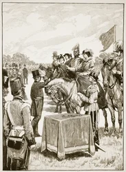 Queen Victoria at the first presentation of the Victoria Cross, illustration from Cassell