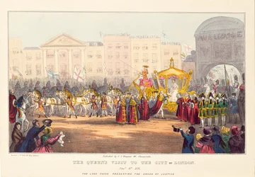 Queen Victoria entering the City of London at Temple Bar, engraved by G. Tregear, 1837