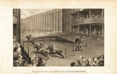 Regency audience in theatre boxes and stalls watching a horse race in Astley