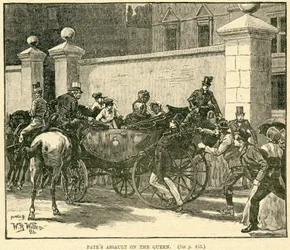 Robert Pates Striking the Queen outside Cambridge House, illustration from The Life and Times of Queen Victoria, Vol. II by Robert Wilson, 1888