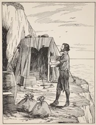 Robinson Crusoe building his shelter, illustration from The Story of Robinson Crusoe: An adaptation for children following Defoe
