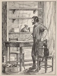 Robinson Crusoe building table and chairs for his cave, illustration from The Story of Robinson Crusoe: An adaptation for children following Defoe