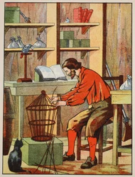 Robinson Crusoe making a cage for his parrot
