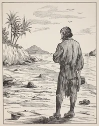 Robinson Crusoe on his island, illustration from The Story of Robinson Crusoe: An adaptation for children following Defoe