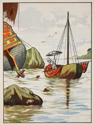 Robinson Crusoe rescuing a dog from a Spanish shipwreck