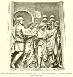 Rome, of Superhuman Size, as a Divinity Gives the Globe of the World to Marcus Aurelius (Bas-Relief; ibid)