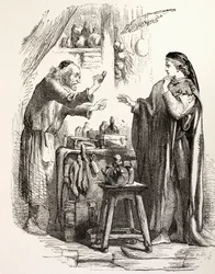 Romeo buys poison from the apothecary, illustration from Romeo and Juliet, from 