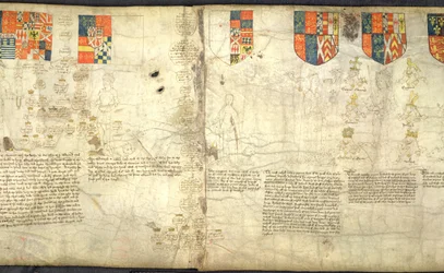 Rous Roll, f. 7cr: Left to right: Edward, Earl of Warwick; Margaret; Anne Neville; Richard III